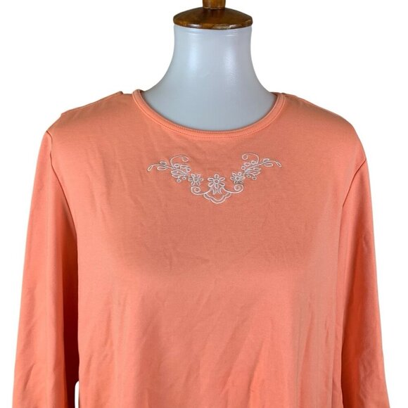 Silverts Peach Embroidered Floral Pullover Top 3/4 Sleeve Stretch Knit Shirt L - Picture 2 of 6
